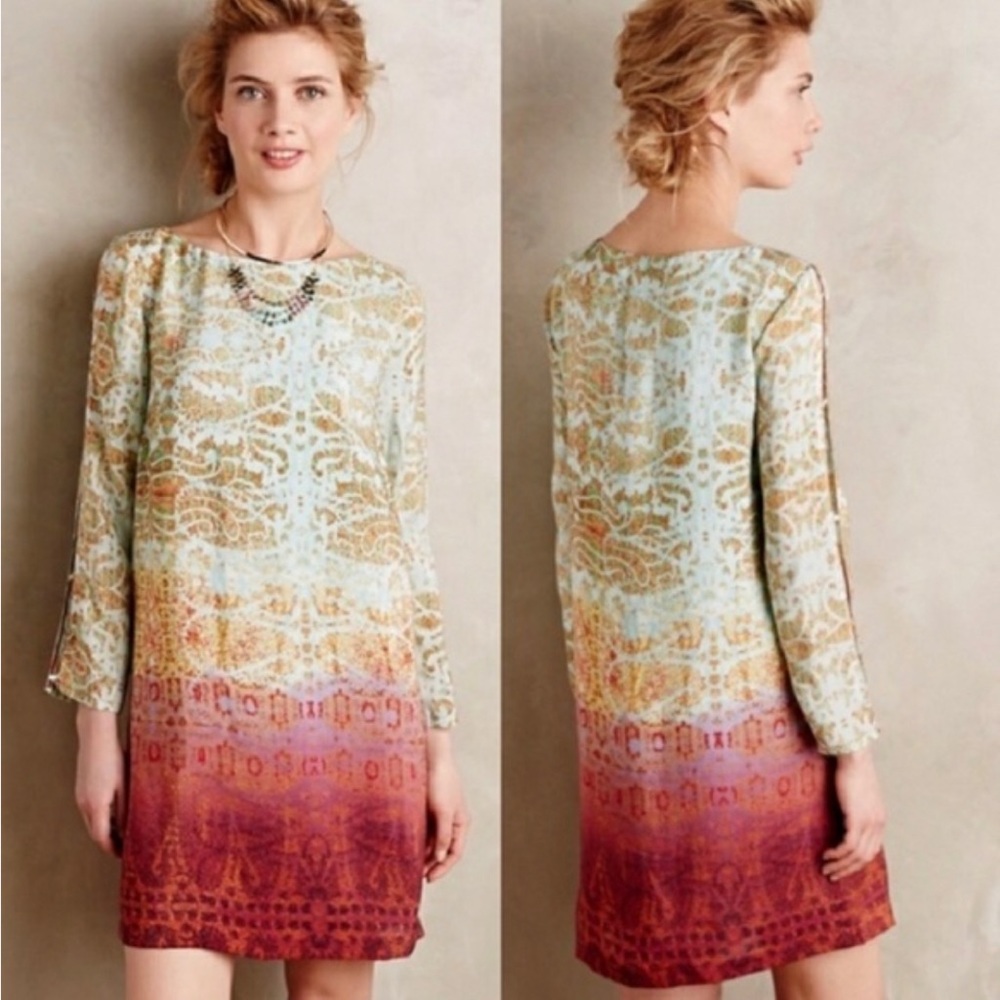Anthropologie MAEVE Cleome Silk Tunic Shift Dress Ombré Paisley Slit Sleeves